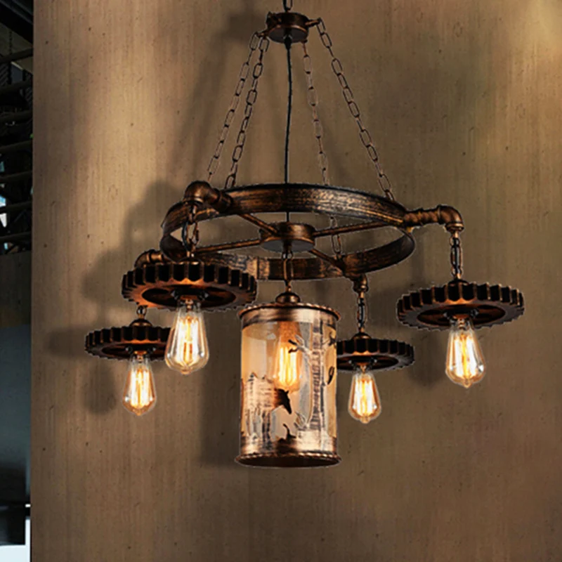 Lampadario sospensione cilindro metallo Lampada sospensione antiguo per sala da pranzo 5/7 luci bronzo con ingranaggio