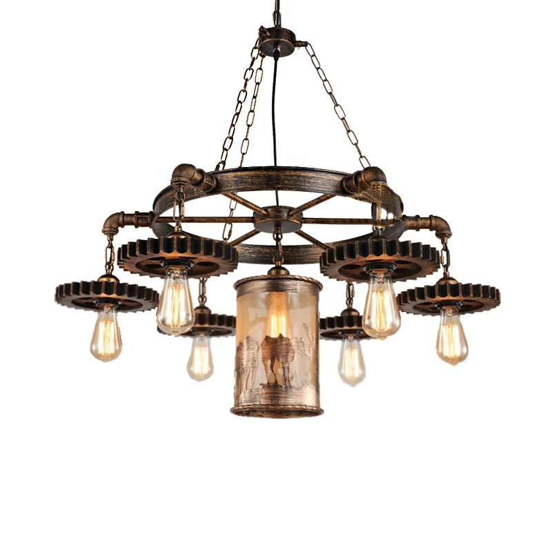 Lampadario sospensione cilindro metallo Lampada sospensione antiguo per sala da pranzo 5/7 luci bronzo con ingranaggio