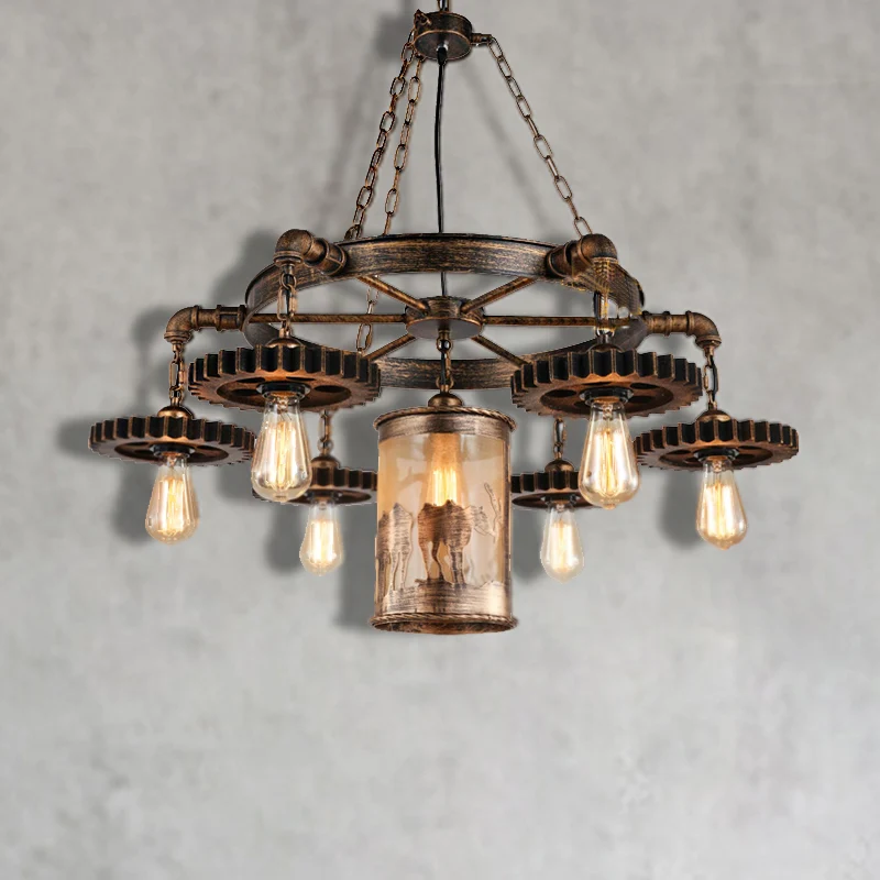 Lampadario sospensione cilindro metallo Lampada sospensione antiguo per sala da pranzo 5/7 luci bronzo con ingranaggio