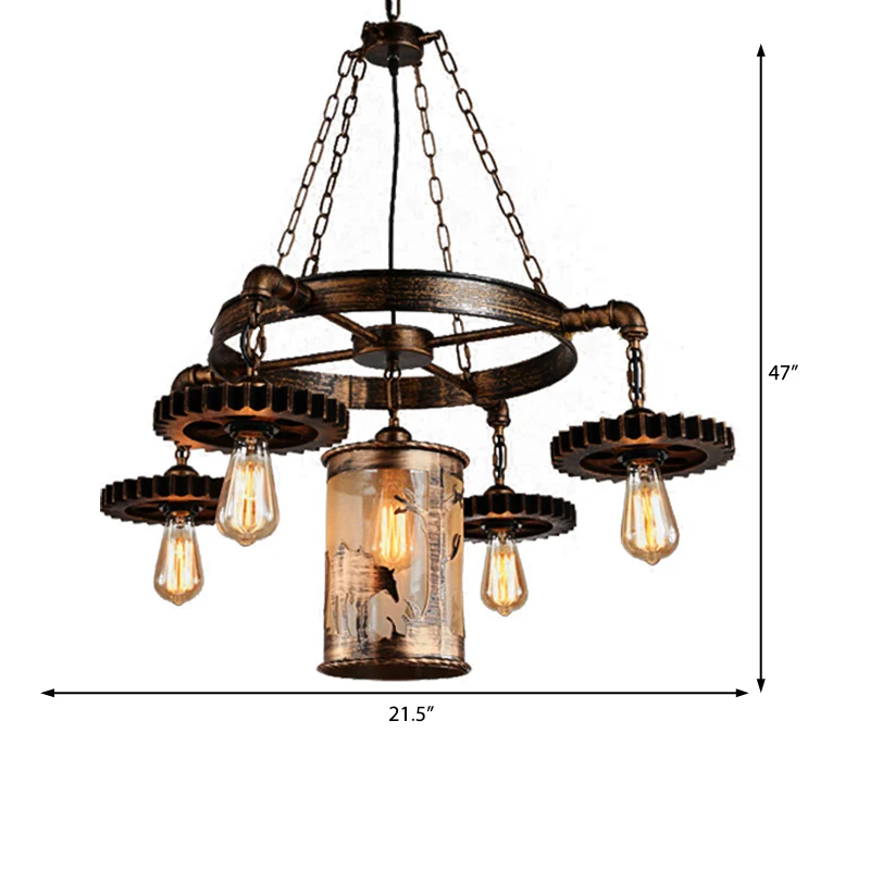 Lampadario sospensione cilindro metallo Lampada sospensione antiguo per sala da pranzo 5/7 luci bronzo con ingranaggio