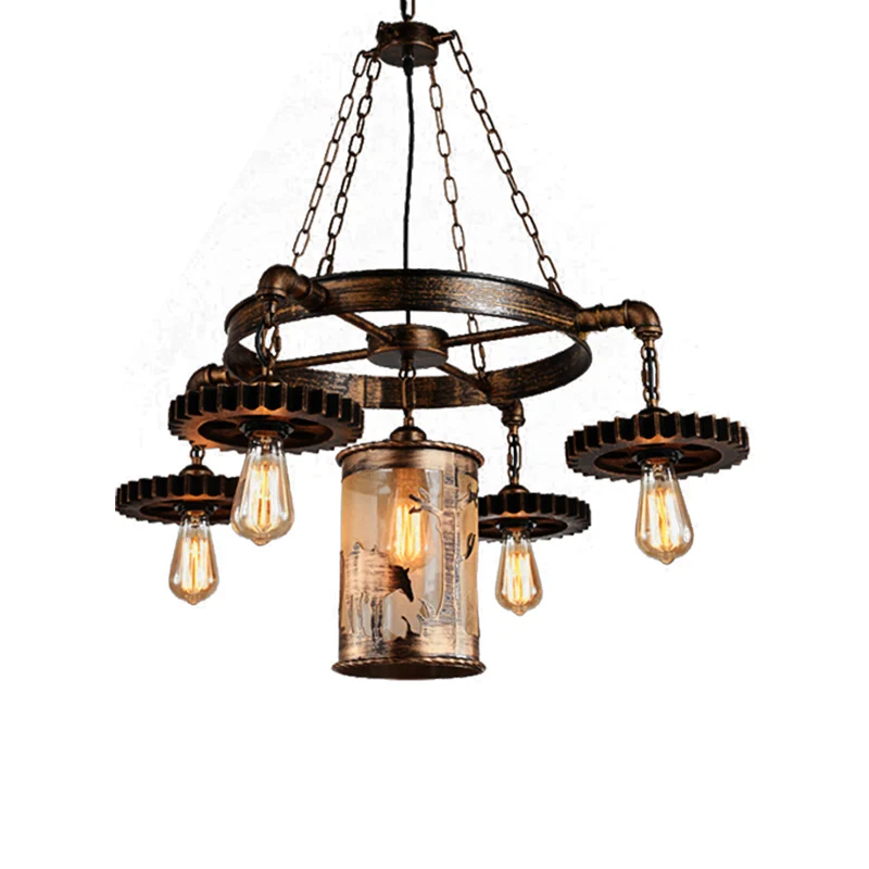 Lampadario sospensione cilindro metallo Lampada sospensione antiguo per sala da pranzo 5/7 luci bronzo con ingranaggio