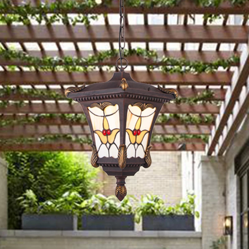 Lampe à suspension en métal rouille/Bronze, lanterne à 1 tête, luminaire de plafond traditionnel avec motif de fleurs pour...
