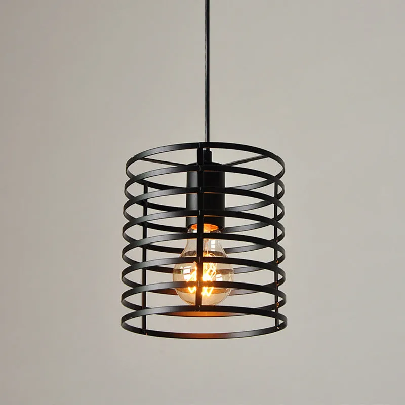 Lámpara colgante de techo con jaula cilíndrica negra/blanca, Retro, refinado, de Metal, 1 bombilla, altura interior ajusta...