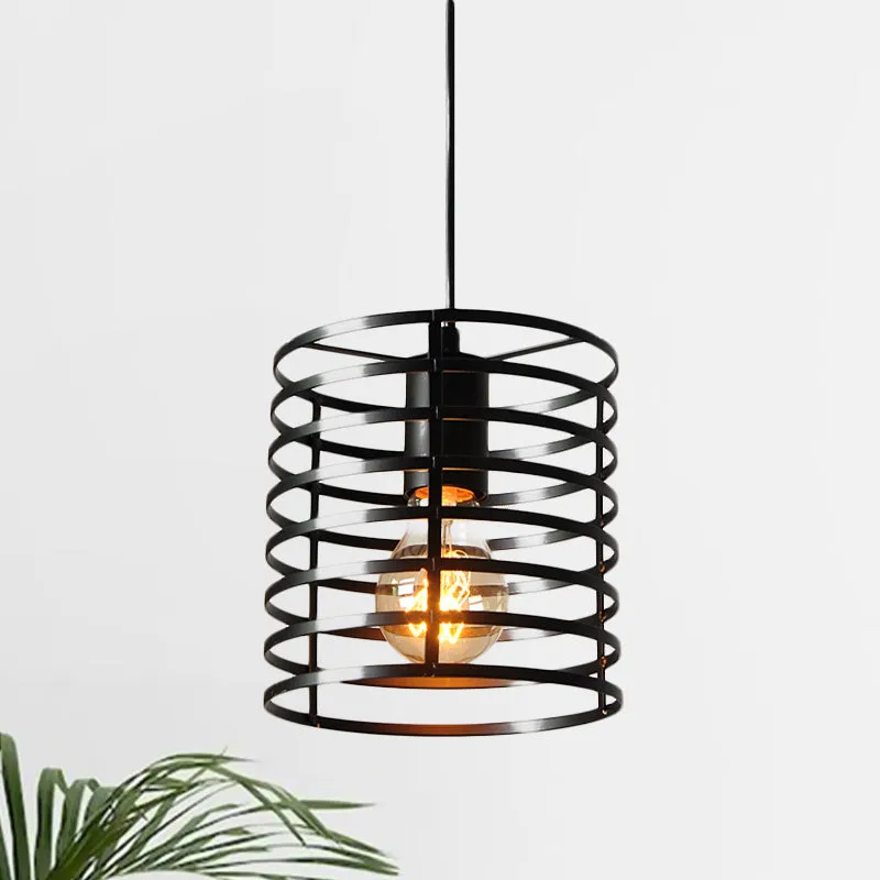 Lámpara colgante de techo con jaula cilíndrica negra/blanca, Retro, refinado, de Metal, 1 bombilla, altura interior ajusta...