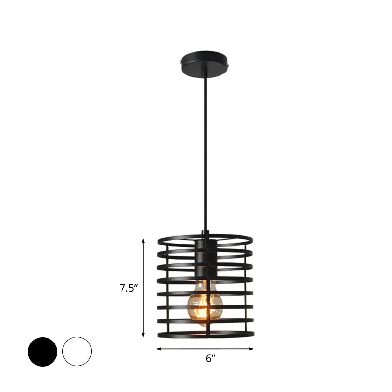 Lámpara colgante de techo con jaula cilíndrica negra/blanca, Retro, refinado, de Metal, 1 bombilla, altura interior ajusta...