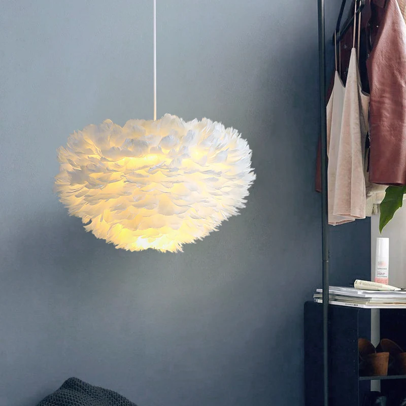 Lámpara LED de Espectro Completo Lámpara de suspensión para dormitorio, colgante de estilo nórdico con sombra de plumas en...