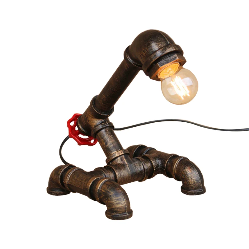 Lámpara de mesa con bombilla expuesta Steampunk con base en forma de tubo, lámpara de pie de hierro forjado de 1 cabezal e...