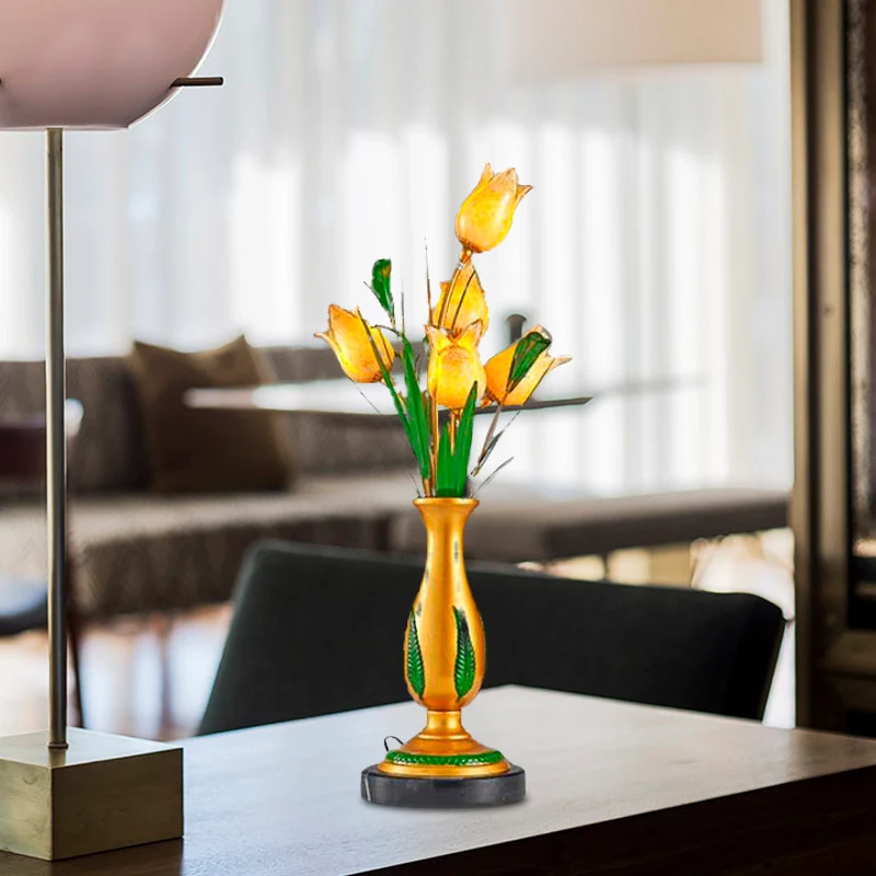 Maceta Autoriego Lampe de table de chevet florale de jardin américain 5 ampoules en métal LED lampe de table de nuit en or...