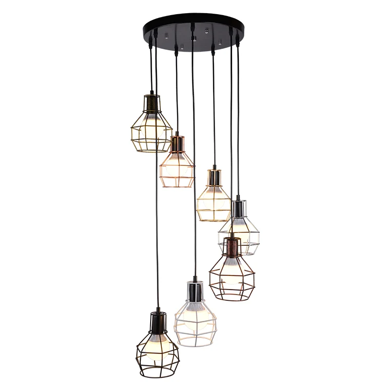 Soporte Ajustable Lampada sospensione gabbia di granata metallo Lampada sospensione multipla nera minimalista per scale