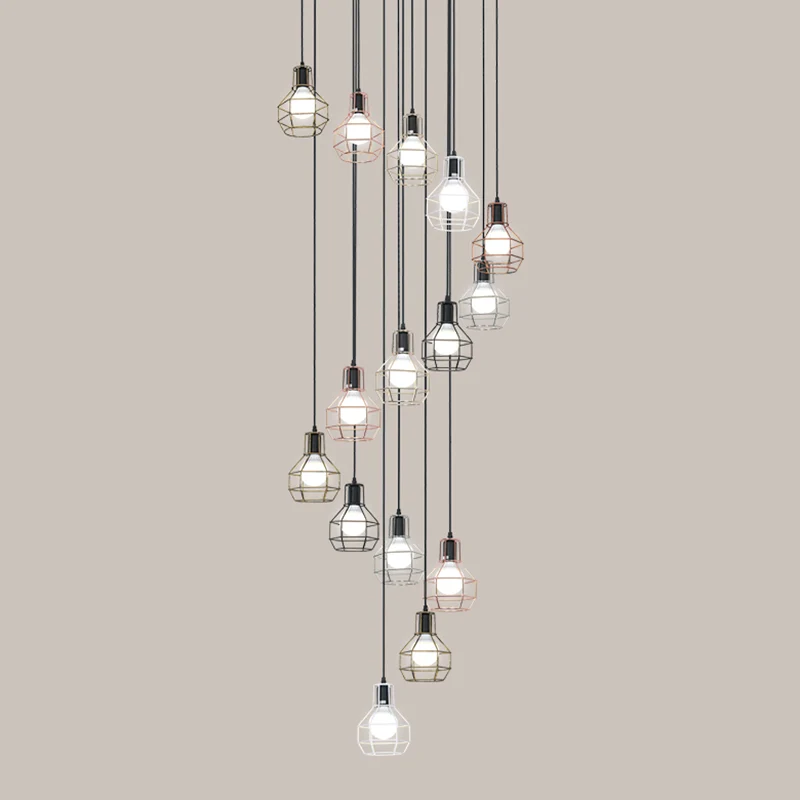Soporte Ajustable Lampada sospensione gabbia di granata metallo Lampada sospensione multipla nera minimalista per scale