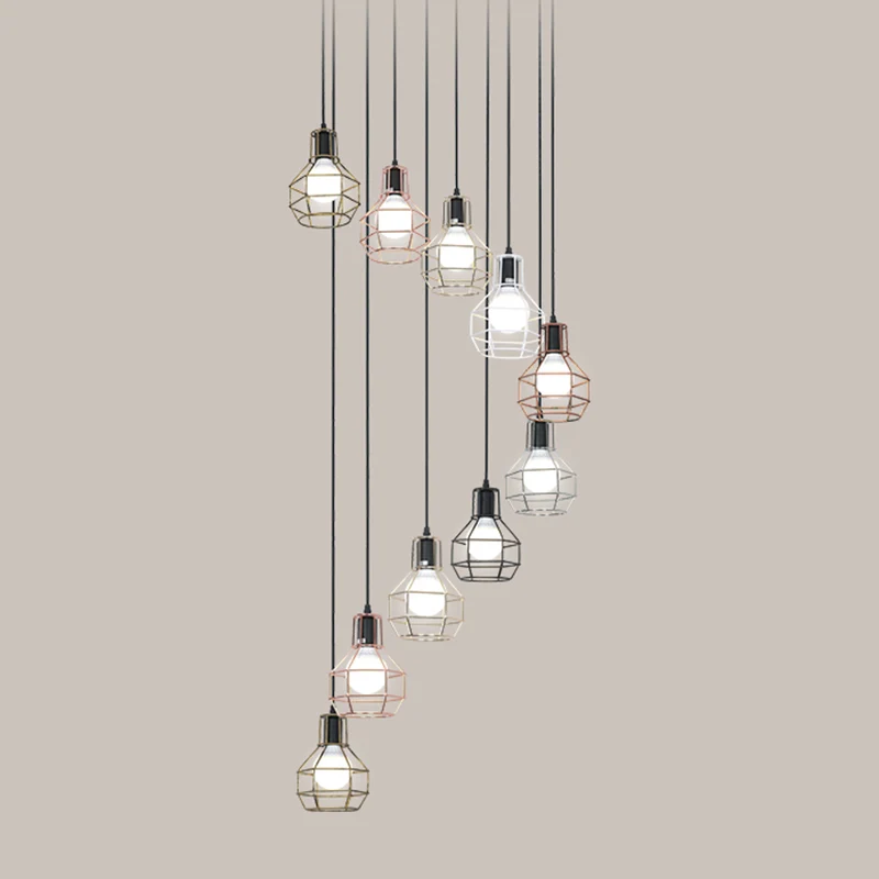 Soporte Ajustable Lampada sospensione gabbia di granata metallo Lampada sospensione multipla nera minimalista per scale