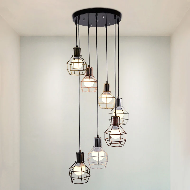 Soporte Ajustable Lampada sospensione gabbia di granata metallo Lampada sospensione multipla nera minimalista per scale