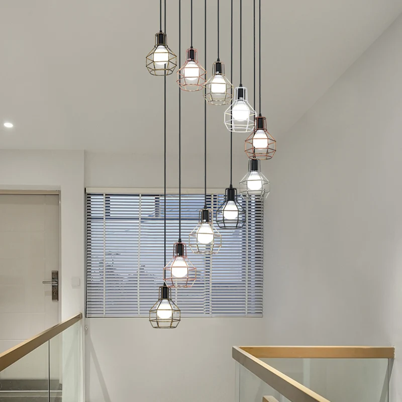 Soporte Ajustable Lampada sospensione gabbia di granata metallo Lampada sospensione multipla nera minimalista per scale
