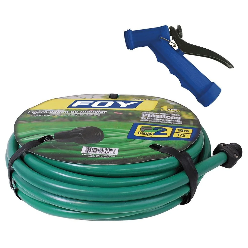 Kit manguera lisa 2 capas 1/2" 10m con pistola de riego, foy con 10 Aspersores Incluidos