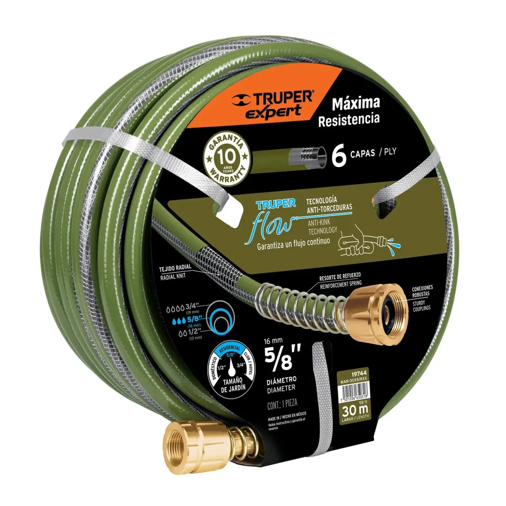 Manguera 5/8" anti-torceduras 6 capas 30m conexiones demetal para Riego Eficiente