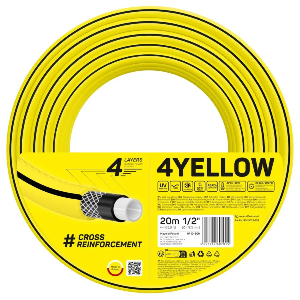 Regulador de Presión manguera de jardín CELLFAST 4YELLOW 10-500 1/2" 20 m 4 capas
