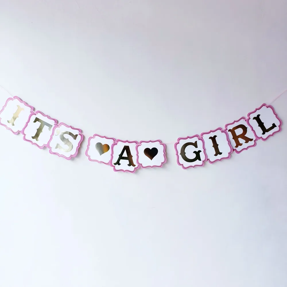 Letrero Personalizable Banderín rosa "Its Girl" dorado foil