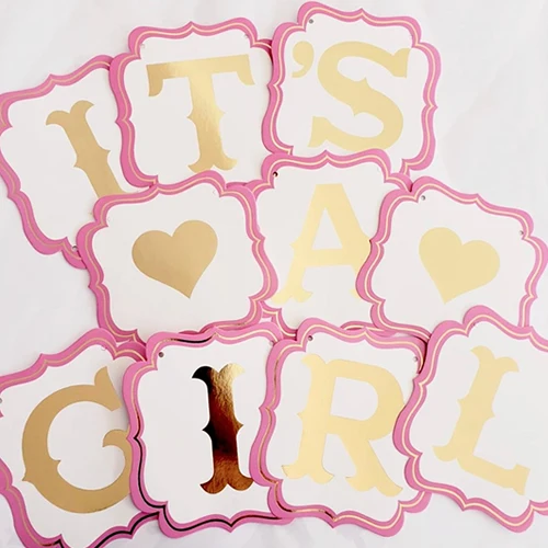 Letrero Personalizable Banderín rosa "Its Girl" dorado foil