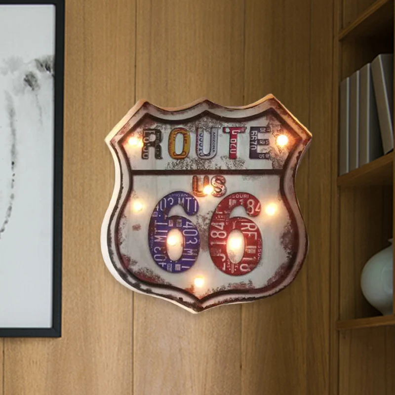 Lámpara de pared con letrero de camino de hierro, luz nocturna LED decorativa blanca envejecida para campo | Personalizabl...