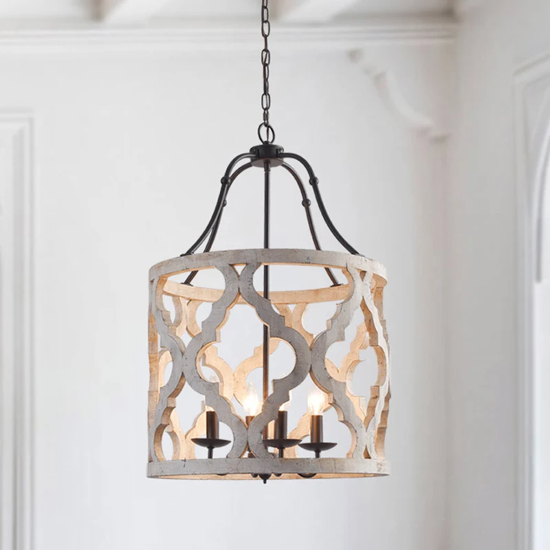 Estante de Cultivo Lampadario sospensione cilindrico tradizionale legno 4 lampadine, plafoniera sospensione bianca/marrone...