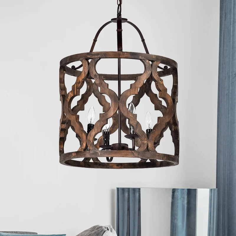 Estante de Cultivo Lampadario sospensione cilindrico tradizionale legno 4 lampadine, plafoniera sospensione bianca/marrone...