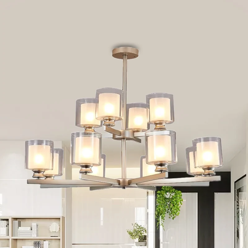 Lampadario cilindro vetro bianco 2 livelli con design modernista radiale 12 luci Lampada sospensione nera/oro/nastro Compa...
