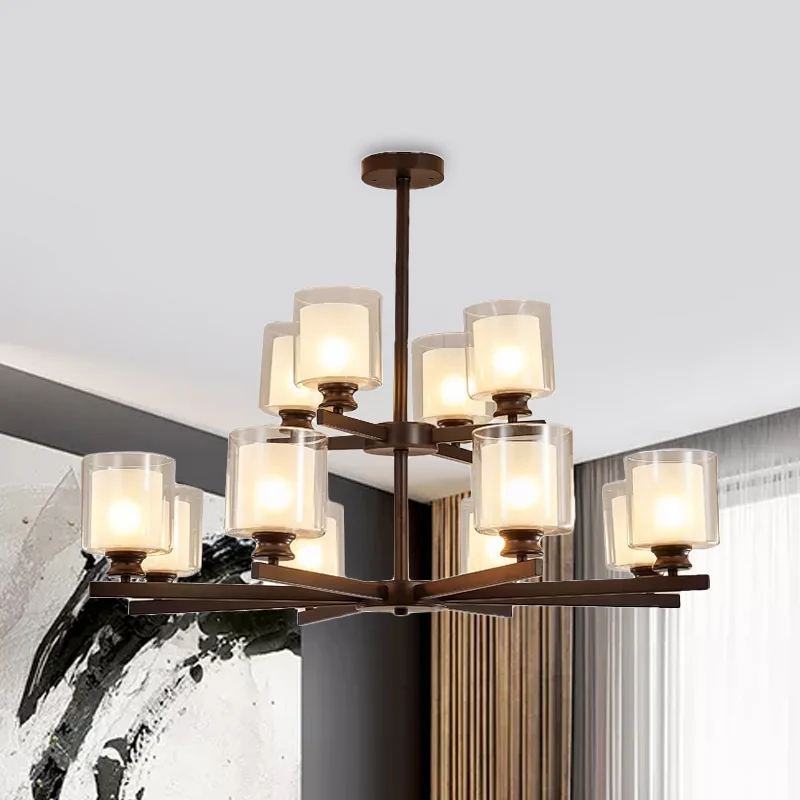Lampadario cilindro vetro bianco 2 livelli con design modernista radiale 12 luci Lampada sospensione nera/oro/nastro Compa...