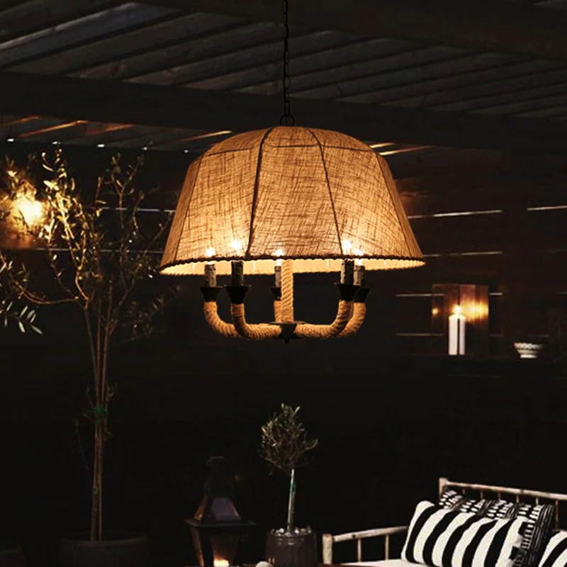 Lampadario multiluce arena con cupola tessuto industriale/paralume campana. Plafoniera sospensione con corda di canapa en...