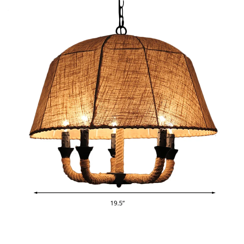 Lampadario multiluce hueso con cupola tessuto industriale/paralume campana. Plafoniera sospensione con corda di canapa