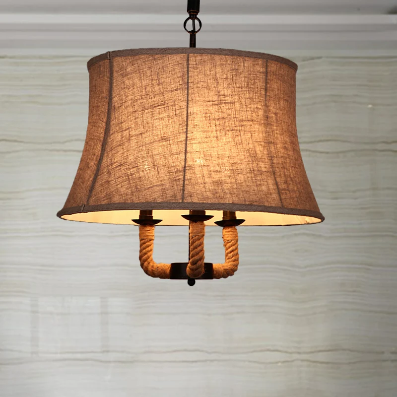 Lampadario multiluce hueso con cupola tessuto industriale/paralume campana. Plafoniera sospensione con corda di canapa