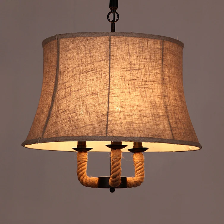 Lampadario multiluce hueso con cupola tessuto industriale/paralume campana. Plafoniera sospensione con corda di canapa