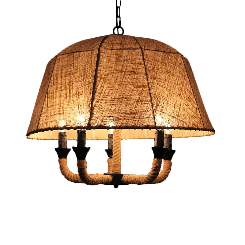 Lampadario multiluce hueso con cupola tessuto industriale/paralume campana. Plafoniera sospensione con corda di canapa