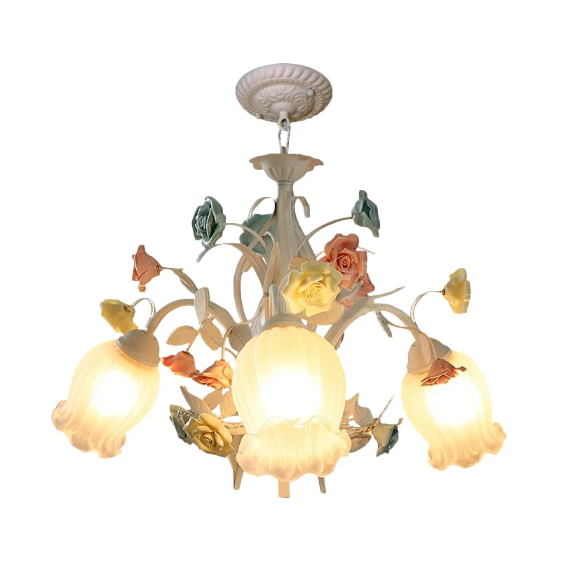 Premium de Jardinerí Lampadario bianco vetro costine, fiore semiaperto, 3/6 lampadine, plafoniera da giardino coreana