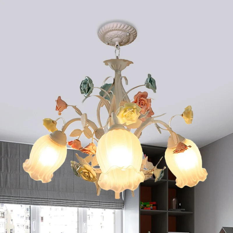 Premium de Jardinerí Lampadario bianco vetro costine, fiore semiaperto, 3/6 lampadine, plafoniera da giardino coreana