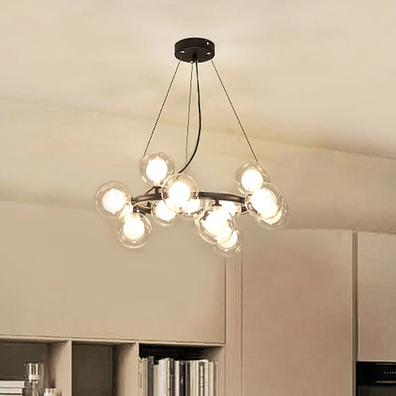 Soporte Ajustable Global Shade Plafoniera Modernista Vetro 15/25 Lampadine Lampadario Finitura Nero/Oro con Anello Metallo