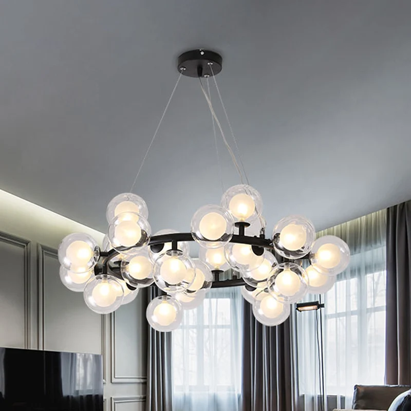 Soporte Ajustable Global Shade Plafoniera Modernista Vetro 15/25 Lampadine Lampadario Finitura Nero/Oro con Anello Metallo