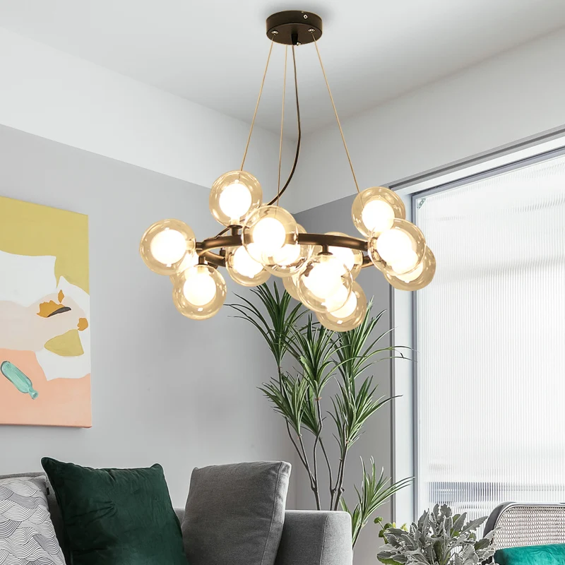 Soporte Ajustable Global Shade Plafoniera Modernista Vetro 15/25 Lampadine Lampadario Finitura Nero/Oro con Anello Metallo