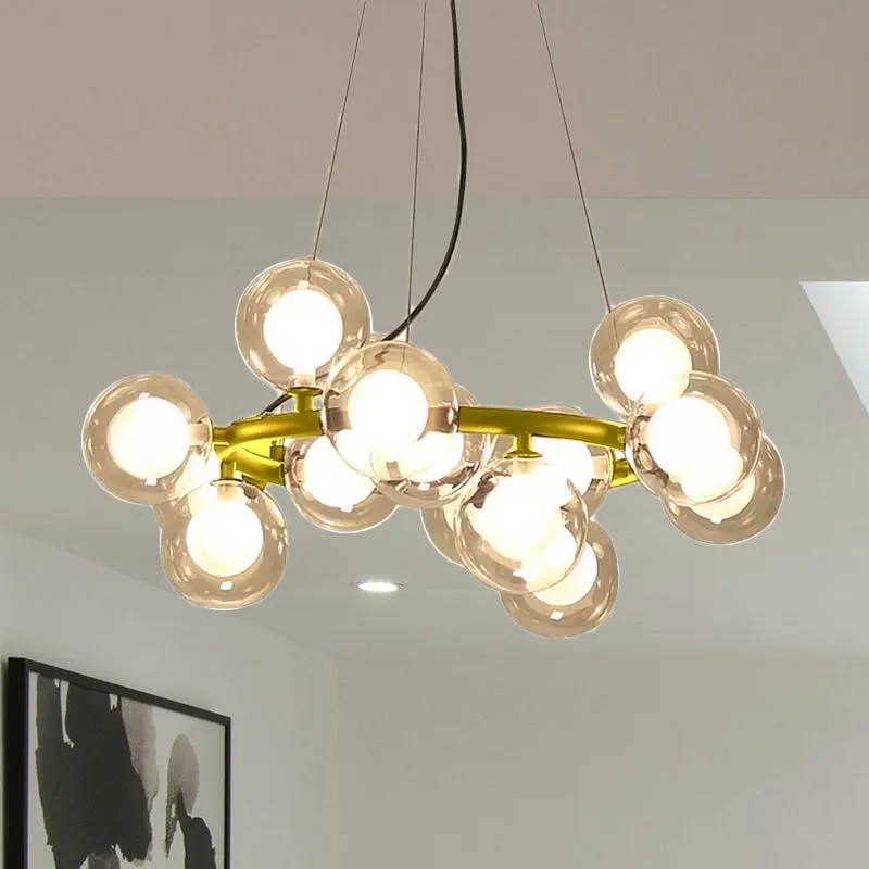 Soporte Ajustable Global Shade Plafoniera Modernista Vetro 15/25 Lampadine Lampadario Finitura Nero/Oro con Anello Metallo