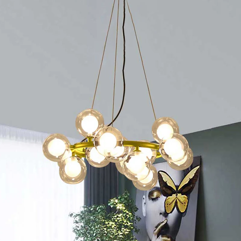 Soporte Ajustable Global Shade Plafoniera Modernista Vetro 15/25 Lampadine Lampadario Finitura Nero/Oro con Anello Metallo