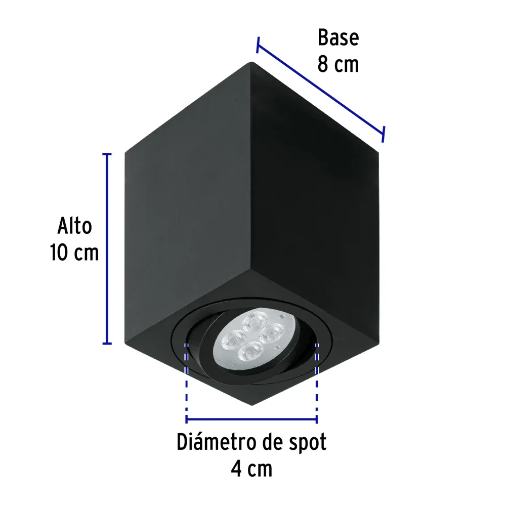 Soporte Ajustable Luminario de sobreponer c/spot dirigible, cuadrado, negro