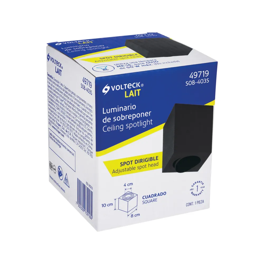 Soporte Ajustable Luminario de sobreponer c/spot dirigible, cuadrado, negro