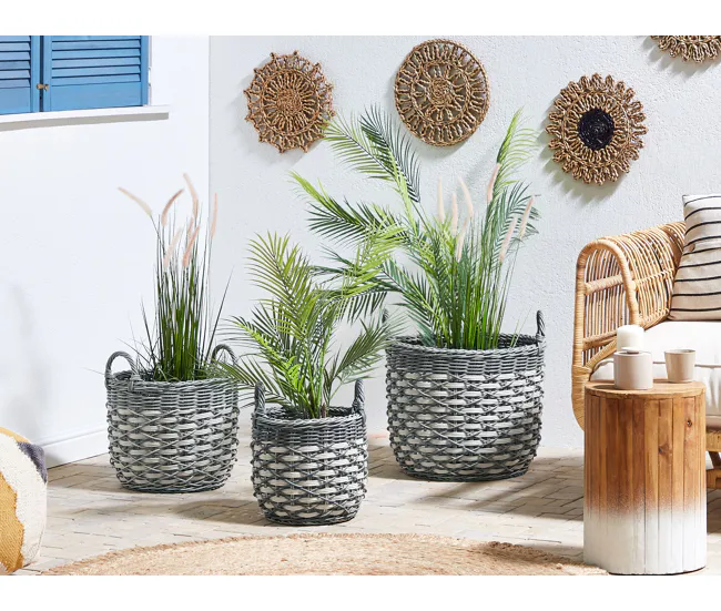 Conjunto de 3 macetas de ratán blanco crema/gris GEFIRA de Cerámica Artesanal