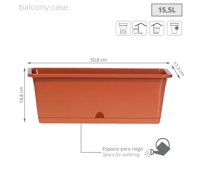 Maceta Camelia 15,5L., Dimensiones (Mm) 508X188X173, Color Terracota para Espacios Pequeños