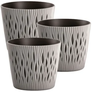 3x Maceta redonda de plastico Sandy Round en color gris 18,9 (largo) x 18,9 (ancho) x 16,5 grande cm