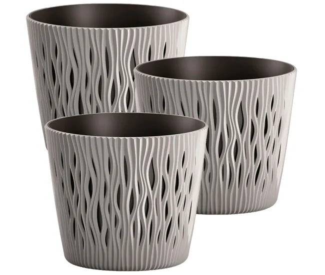 3x Maceta redonda de plastico Sandy Round en color gris 18,9 (largo) x 18,9 (ancho) x 16,5 grande cm