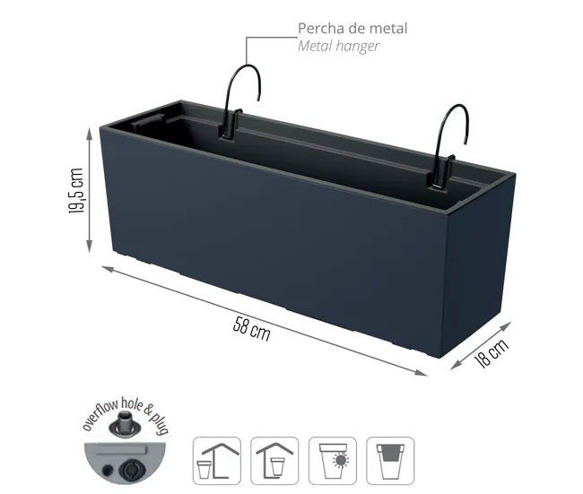 Maceta Urbi Case W , Dimensiones (Mm) 580X180X195, Color Antracita para Plantas de Interior