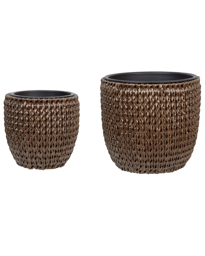 Conjunto de 3 macetas berberis ratán sintético 34/45 cm marrón negro con Sistema de Autoriego