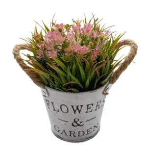 Maceta acero de asas cuerda, con flor gypsophila rosa