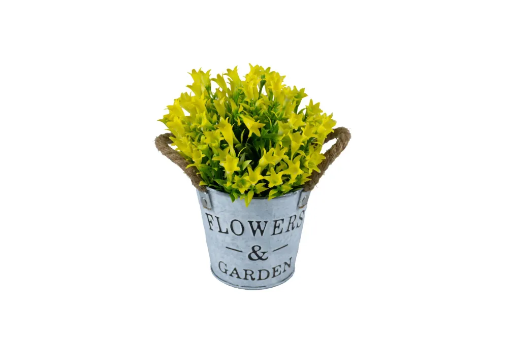 Maceta metálico de asas cuerda, con mini flores silvestres amarillas