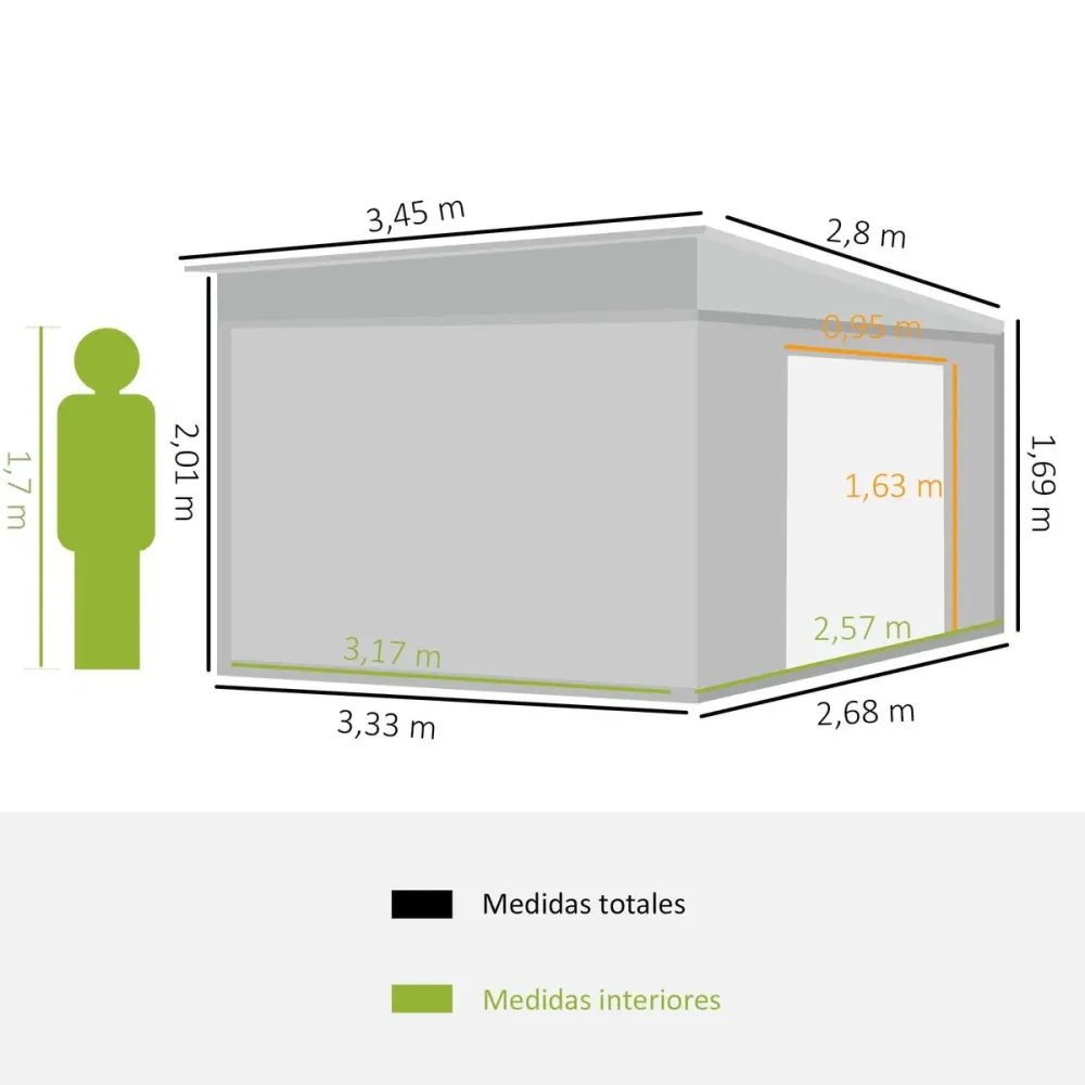 Caseta de jardín Boston Outsunny doble puerta corredera gris 201x280x345 cm - 1/2" de Entrada